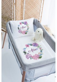Resim Lilabio %100 Pamuk Saten İsme Özel İsimli 70x120 Park Yatak Nevresim Seti Ortanca Çiçeği 
