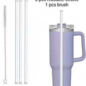 Resim 3 adet yeniden kullanılabilir şeffaf pipet + 1 adet temizleme fırçası seti - 20/30/40 oz paslanmaz çelik rulo alternatifi, seyahat için olmazsa olmaz bardak aksesuarı (Pipet uzunluğu 30 cm, kesilebilir) 