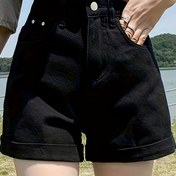 Resim Kadınların Denim Şortları, Yüksek Bel, Döndürülmüş Hem, A-Line Geniş Bacak, Trendy Kore-Japon Stili, Siyah, Polyester, Kısa Uzunluk, Düğme Kapatma, Normal Beden, Esnek Olmayan Kumaş, Düz Renk, Bahar/Yaz İçin Mükemmel 