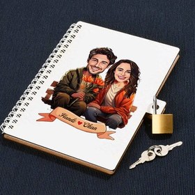 Resim Ciftlere Özel Bankta Aşkımız Karikatürlü Kilitli Defter 