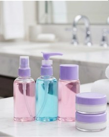 Resim Taşınabilir 5 Li Seyahat Banyo Seti Şeffaf Kozmetik Kapları 