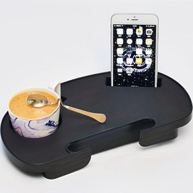 Resim Siyah Oval Sıfır Sandalye Bardak Tutucu Telefon Yuvası ile - Şık Yan Lounger Tepsi Kahve, Atıştırmalıklar ve Daha Fazlası İçin, Dayanıklı ABS Malzemesi, Ev ve Ofis Kullanımı İçin Mükemmel, Ofis Masa Aksesuarı | Şık Sıfır Sandalye | Modern Tasarım 