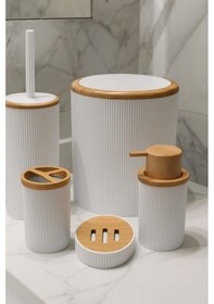 Resim Makri Home Beyaz Bambu Desenli 5 Parça Banyo Seti Çöp Kovası, Wc Fırçalık, Sıvı Sabunluk, Diş Fırçalık,sabunluk 