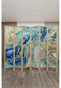 Resim Doğal Ahşap Mavi Soyut Tek Taraf Baskı 6 Kanat Paravan 000026 