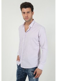 Resim Erkek Kalın Dik Çizgili Uzun Kollu Slim Fit Gömlek 21y-4300599 Lila Lila 