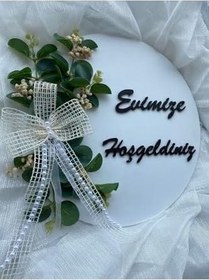 Resim Kapı Süsü Evimize Hoşgeldiniz Ahşap Okaliptus Yaprağı Beyaz Hediyelik 23-1 Beyaz 