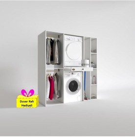 Resim Kenzlife Çamaşır-kurutma Makinesi Dolabı Ve Giysi Dolabı Çekmeceli Hattab Sağ Raf Byz 187 160 60 + Tekli Duvar Rafı Hediye Beyaz 