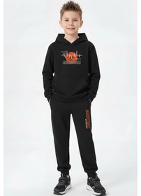 Resim Panios Kids Kanguru Cepli Kapüşonlu Basketbol Baskı Detaylı Erkek Çocuk Eşofman Takımı Siyah 