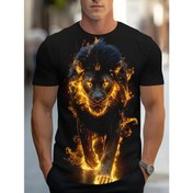 Resim Erkekler için Alevli Aslan 3D Grafik Tişörtü - Cesur Alev Tasarımlı Siyah Kısa Kollu Mürettebat Boyun, Günlük Yaz Partisi Giyimi, Sadece Elde Yıkama, Rahat Gezi Giysisi | Rahat Oturuşlu Gömlek 