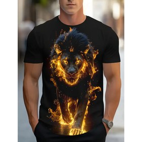 Resim Erkekler için Alevli Aslan 3D Grafik Tişörtü - Cesur Alev Tasarımlı Siyah Kısa Kollu Mürettebat Boyun, Günlük Yaz Partisi Giyimi, Sadece Elde Yıkama, Rahat Gezi Giysisi | Rahat Oturuşlu Gömlek 