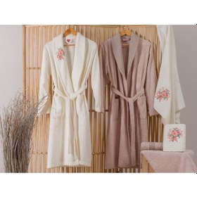 Resim Cotton Box Nakışlı 3D Bamboo Aile Bornoz Seti Lenora Ekru Cappuci (543741874) 