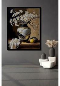 Resim Zarif Beyaz Çiçekli Vazo Ve Limon Yağlı Boya Görünümlü Ahşap Ev,antre,ofis Tablo Çerçeve Görünümlü--- 30 X 40 