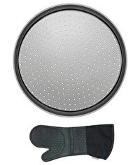 Resim Kitchen Design Lab Orta Boy Delikli Pizza Tepsisi 32 CM Ve Gri Silikon Yanmaz Fırın Eldiveni 