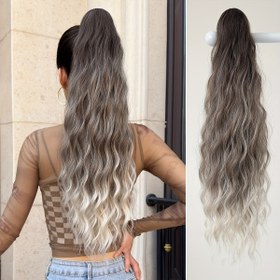 Resim 66.04 cm Isıya Dayanıklı Sentetik Su Dalgası Ombre At Kuyruğu Peruk - Pençe Klipsli Uzatma Saç, Koyu Gri'den Beyaza Geçiş, Günlük Kullanım ve Özel Günler İçin, Tüm Etnik Gruplar, Çok Yönlü Saç Aksesuarı, Güvenli Pençe Bağlantılı 