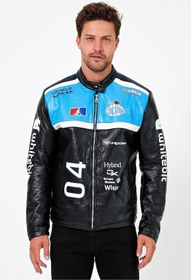 Resim Black Level Erkek Oversize Puf Deri Yarışçı Ceket Kolej Mont Baskılı Fermuarlı Bomber Mont 