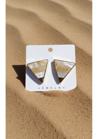 Resim Şehrazat Handmade Çelik Üçgen Pramit Sedefli Gold Küpe Bej 