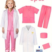 Resim 6 adet Pembe Doktor ve Hemşire Kostümü Seti Çocuklar İçin - Beyaz Laboratuvar Ceketi, Scrubs, Şapka, Madalyon ve Stetoskop İçerir - Rol-Çıkarma, Partiler ve Giyinme İçin Mükemmel, Gençlerin Giyinme | Eğlenceli Tasarım | Polyester Scrubs 