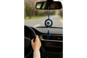 Resim Amigurumi Araba Dikiz Aynası Süsü & Anahtarlık & Çanta Askısı - El Örgüsü Lacivert Nazar Boncuğu 