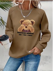 Resim Nnstartshopping Kadın Uzun Kollu Bisiklet Yaka Ayıcık Desenli Viskon Iki Iplik Bluz Kahve 