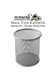 Resim Gümüş Gri Silindir Masa Üstü Kalemlik 1 Adet Metal Fileli Renkli Perforeli Yuvarlak Kalemlik Ofis Büro Okul 