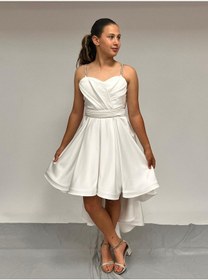 Resim Butikhappykids Kız Çocuk Abiye Krem Taş Kordon Askılı Kalp Yaka Mat Saten Kuyruklu Abiye Elbise 9-16 Yaş Krem 