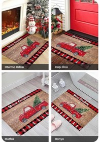 Resim Yılbaşı Araba Desenli Kırmızı Kapı Önü Paspası, Yılbaşı Kapı Paspası 45x70cm Kırmızı 