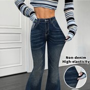 Resim Kadınlar için İmitasyon Suni Denim Uzun Pantolon, Suni Taşlı Kelebek Baskılı, Mavi Kollu Pantolon. 