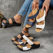 Resim Kadın Yaz Rahat Düz Renkli Kama Sandaletler, Rahat Platform Açık Ayak Ayakkabılar Rhinestone Süslemeleri ile, Moda Sihirli Bant Açık Hava Plaj Terlikleri 