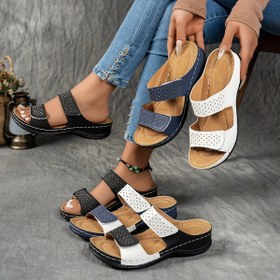 Resim Kadın Yaz Rahat Düz Renkli Kama Sandaletler, Rahat Platform Açık Ayak Ayakkabılar Rhinestone Süslemeleri ile, Moda Sihirli Bant Açık Hava Plaj Terlikleri 