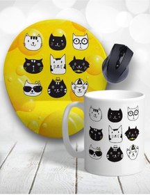 Resim Atölye Çizgi Cat Mood Bilek Destekli Mouse Pad Ve Kupa Bardak Renkli 