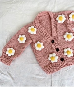 Resim Hobihanem Tuhafiye El Örgüsü Papatyalı Bebek Hırka Pembe 