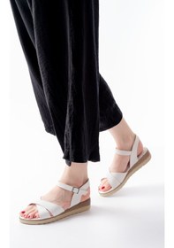 Resim 692-564 Beyaz Ortopedik Taban Çapraz Tokalı Kadın Sandalet Altın - Taba 