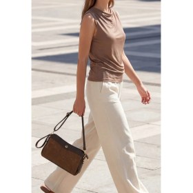 Resim Marjin Kadın Fermuarlı Iç Cepli Clutch Çapraz Askılı El ve Omuz Çantası Faris Kahve 