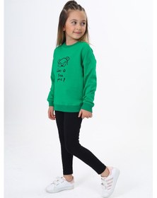 Resim Toontoy Kids Toontoy Kız Çocuk 2'li Takım Baskılı Bisiklet Yaka Düşük Omuz Sweatshirt & Basic Düz Tayt Çimen Yeşili 