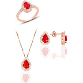 Resim Gümüş Rose Kırmızı Taşlı Damla Modeli Üçlü Set 
