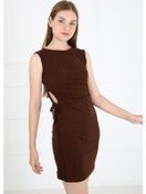 Resim Luess Bel Detaylı Fitilli Kadın Elbise Kahverengi 
