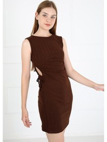 Resim Luess Bel Detaylı Fitilli Kadın Elbise Kahverengi 