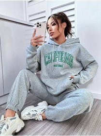 Resim coolart Kadın Gri California West Coast Alt Üst Eşofman Takımı Oversize Kapüşonlu 