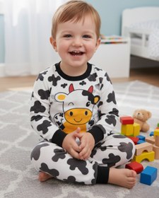 Resim AyCaTa Inek Baskılı Bisiklet Yaka Uzun Kollu Kız Erkek Bebek Pijama Takımı 