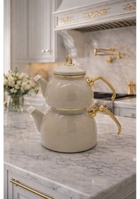 Resim Cookahome Cooka Home Emaye Çaydanlık Takımı Gold Detaylı 1,1 L Demlik + 2,3 L Suluk Bej 