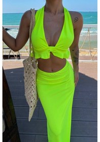 Resim Moderie Butik Kadın Mayo Kumaş Bağlamalı Crop Ve Maxi Boy Etek Ikili Takım Neon Yeşil 