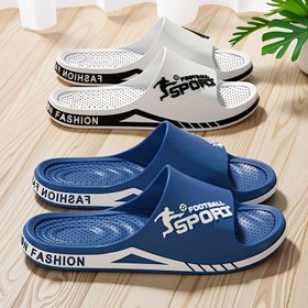 Resim Erkekler için Hafif EVA Kaydıraklar - Futbol Grafikli Rahat İç/Dış Mekan Spor Sandaletleri, Günlük Plaj ve Tatil Giyimi için Nefes Alabilir Tasarım, Beyaz ve Mavi Çizgili Seçenekler, Plaj Ayakkabıları 