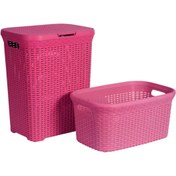 Resim Saban Hasır Desenli Plastik Pembe Çamaşır Sepeti ve Pembe Çamaşır Selesi 