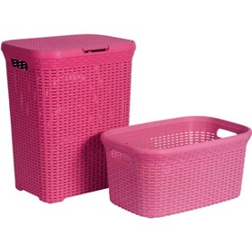 Resim Saban Hasır Desenli Plastik Pembe Çamaşır Sepeti ve Pembe Çamaşır Selesi 