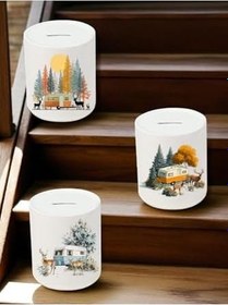 Resim Geyik ve Karavan Baskılı Masaüstü Kumbara - Ev Mutfak Ofis İşyeri Eşyası 