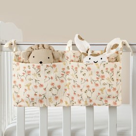 Resim 1 adet Çift Katmanlı Katlanabilir Beşik Depolama Düzenleyici - Şişeler, Saklama Malzemeleri ve Oyuncaklar için Peluş Hayvan Kulaklı Asılı Çanta ile Çiçek Desenli, Polyester Kumaş, Karışık Renkler 