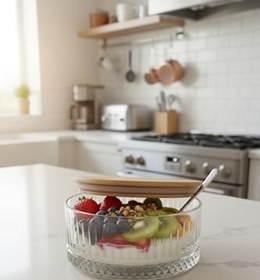 Resim Amandus Lavinya - Cam Kase Bambu Vakum Kapaklı Cam Çerezlik Kahvaltılık Kase 510 ml Şeffaf Tek Ebat 