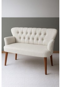 Resim Azra Mobilya Roma İkili Koltuk Keten Döşeme Ahşap Ayaklı Ofis Ve Ev Uyumlu Modern Kanepe - Krem Krem 