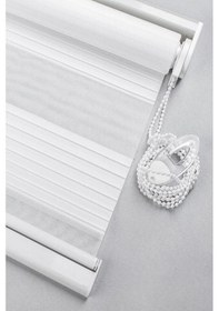 Resim Ekru Beyaz Geniş Pliseli Zebra Stor Güneşlik Perde Eteği Dilimli Alüminmyumkasa Metal Ayak Beyaz 