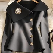 Resim Kadınlar İçin Güneş Çiçeği Desenli Çift Taraflı Polar Palto - Lacivert, Uzun Kollu, Düğmeli, İspanyol Paça, Sonbahar/Kış İçin Mükemmel, Günlük Şık Stil 